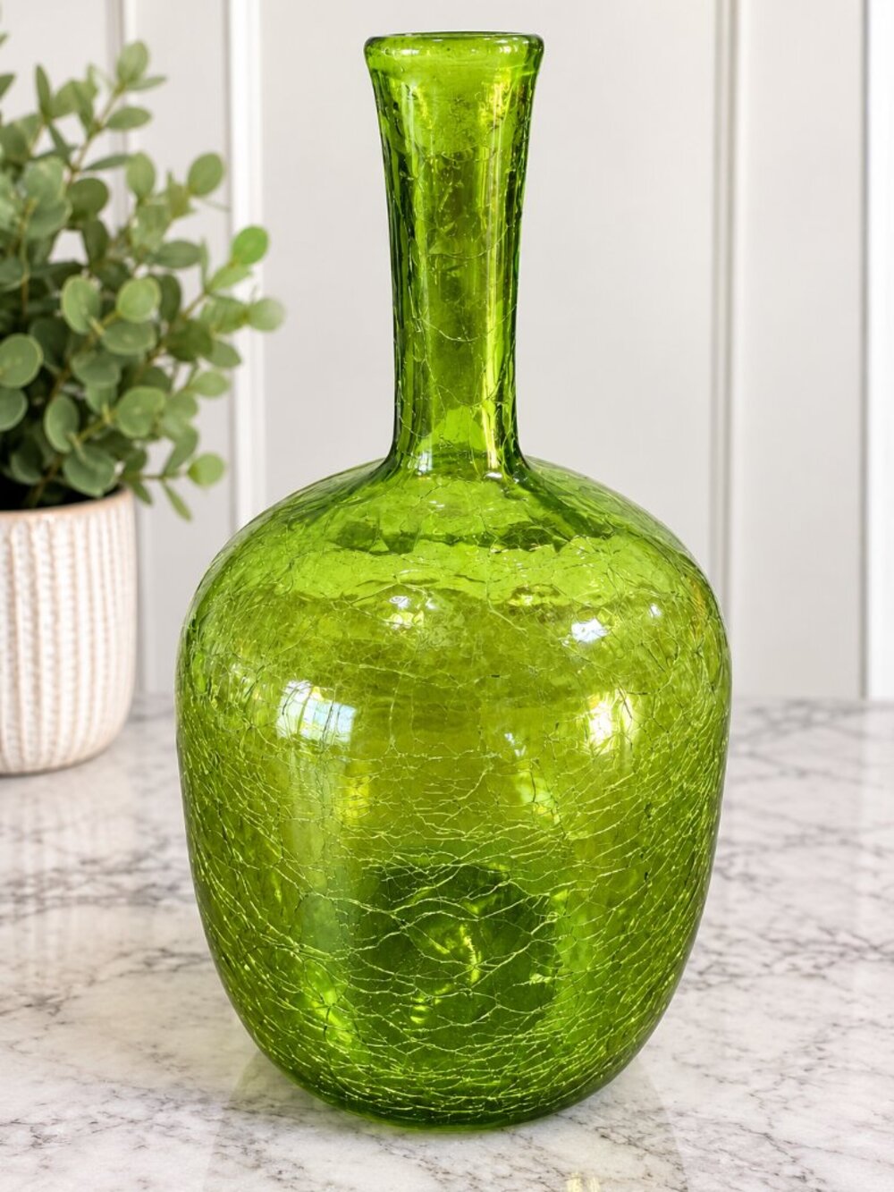 Hand Blown Green Crackle Glass Bottle Vase Pontil Art Glass 10.5”